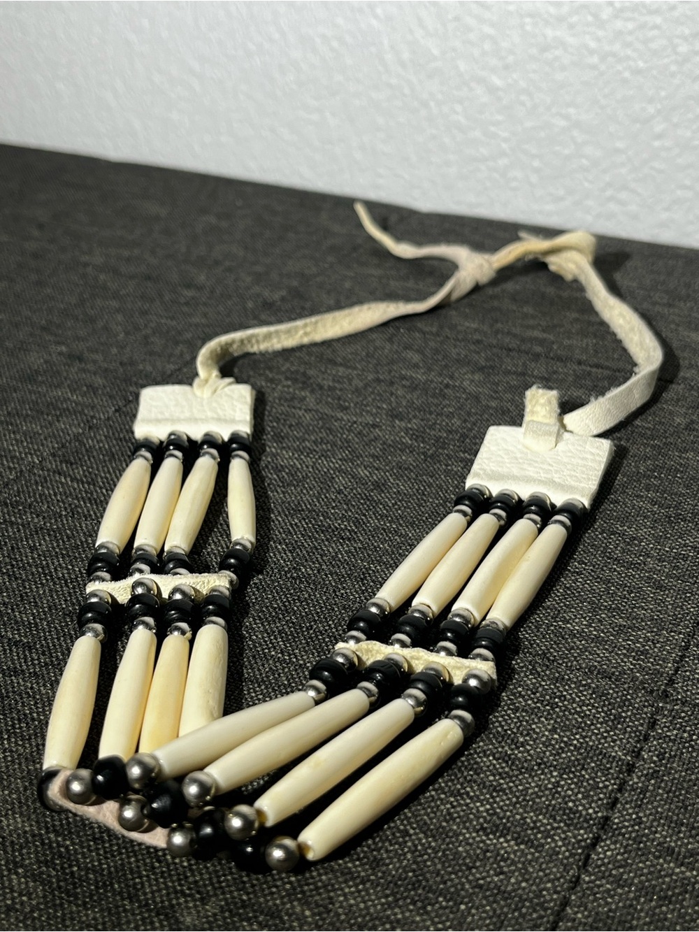 Handmade Ivory and Black Beaded Bone Choker Necklace